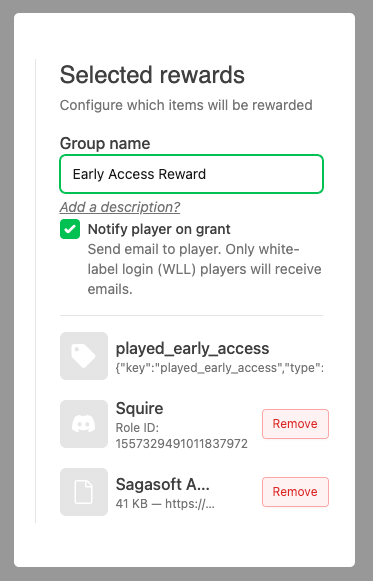 Reward group settings with "Notify player on grant" ticked, granting a metadata entry, a Discord role and a file