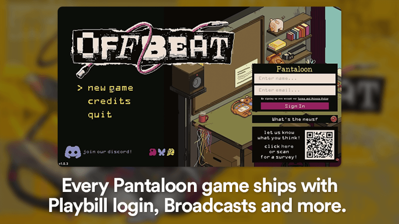 The OFFBEAT main menu with Playbill sign-in, Broadcasts and a survey QR code