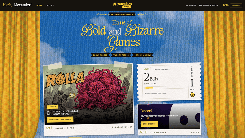 The Playbill home page, showing the ROLLA launch, the player's Bells standing and Discord