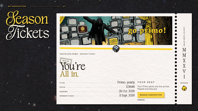 A Primo season ticket in Playbill, showing the yearly plan, price and renewal date